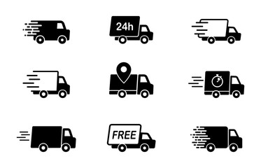 Delivery truck icons set. Fast delivery truck. Delivery service icons. Express shipping. Cargo van moving fast. Logistics trucking. Vector illustration.