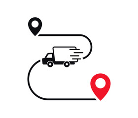 We have moved - banner. Relocation on changed address. Truck with map pointer. New shop location. Moving office. Vector illustration.