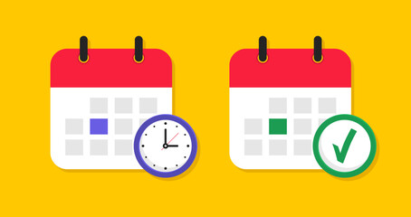Calendar icon. Schedule icon. Calendar with clock and check mark. Deadline calendar date. Reminder icon. Planning concept. Vector illustration.