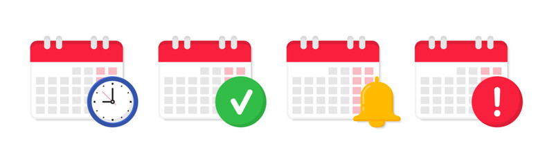 Calendar icon. Schedule icon. Calendar with clock, check mark, bell and exclamation mark. Deadline calendar date. Reminder icon. Planning concept. Vector illustration.