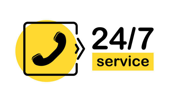 24 7 service icon. 24-7 support. 24/7 call center. Call twenty four hour. Vector illustration.