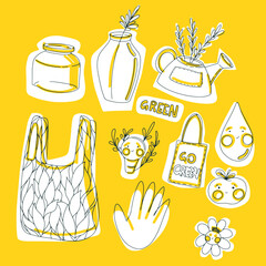 Ecological stickers. Ecology stickers with zero waste, use your own bag, use your cup, reuse. Bright vector design elements.