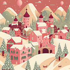 Winter landscape and houses under the snow around Christmas time, soft colors illustration, postcard, card