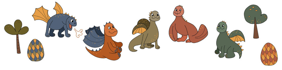 Dino and baby dragons set. Vector illustration