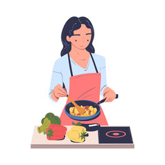 Woman Character Cooking at Home Standing at Table with Frying Pan and Vegetables Vector Illustration