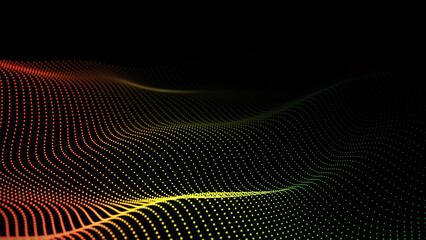 Digital wave with halftone dots on the dark background. Dimming effect. 3D rendering.