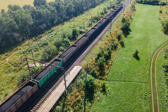 Aerial view freight train with wagons train with coal