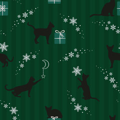 Świąteczny powtarzający się wzór. Koty bawiące się gwiazdkami, prezenty i płatki śniegu. Magiczna bożonarodzeniowa scena. Ilustracja wektorowa na ciemnym zielonym tle. Powtarzalny wzór.