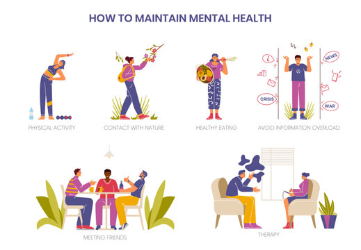 Stress and mental health managemet advices vector illustrations set. Self care concept. People taking care of themselves.