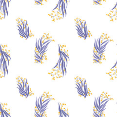 Seamless floral pattern in violet-yellow colors. Can be used for textiles, wallpaper, wrapping paper, cards, invitations, greetings, sublimation, or print for stationery, notebooks, scrapbooking.