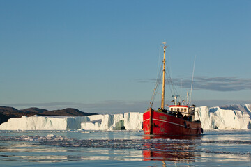 Icebergs and Tour Boat, Disko Bay, Greenland