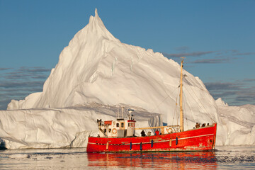Greenland, Ilulissat, Traditional fishing boat converted for tourist use motors amid icebergs from Jakobshavn Isfjord under summer midnight sun
