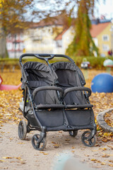 Black Stroller for twins at the park close-up.