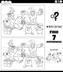differences game with animals on Christmas time coloring page