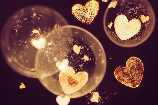 Background with hearts and bubbles. Valentines day. Toasts.
Heart shaped cookies. Valentines day. Breakfast with love. Food and love. Sweets. Romantic