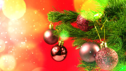 Christmas background. Christmas tree with shiny decorations on the red background with bokeh...