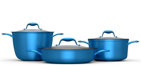 Set of stewpot, frying pan and chrome plated cookware on white background