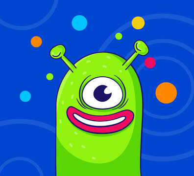 Retro sticker cartoon green alien with one eye, peeking out smiling with mouth wide open on blue space background. Planets, stars, space, hipster style. Vector illustration