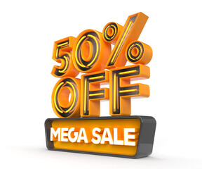 Label 3d render left view Mega Sale with 50 percent off realistic isolated white background