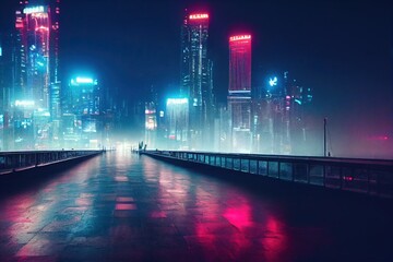 Rainy neon night in a cyberpunk city bridge.