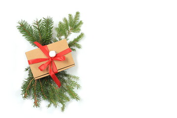 Happy New Year 2023. Christmas decorations on white background, gift box and fir branches, greeting cards, banner for display with place for text, template for design, selective focus