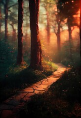 Path through Enchanted forest during sunset. 3d illustration, fantasy landscape.