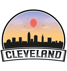 Cleveland Ohio USA Skyline Sunset Travel Souvenir Sticker Logo Badge Stamp Emblem Coat of Arms Vector Illustration EPS