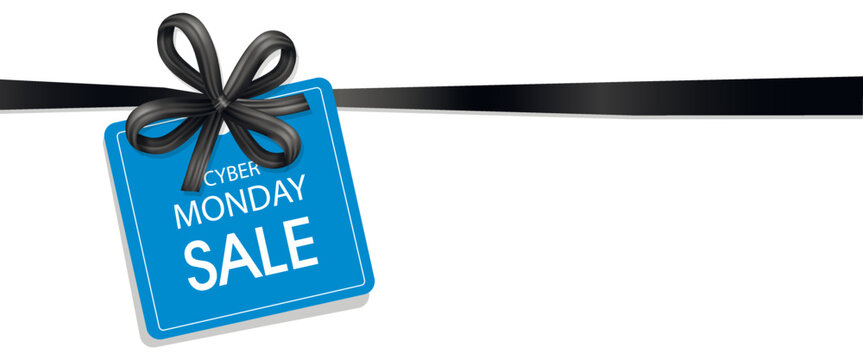 Ribbon and tag with text CYBER MONDAY SALE on white background