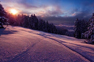 View on Snowy Mountains landscape. Spectacular Nature Landscape Background during sunset.