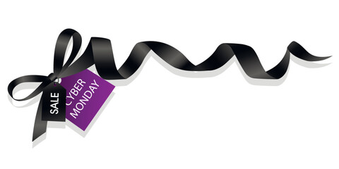 Ribbon and tag with text CYBER MONDAY SALE on white background