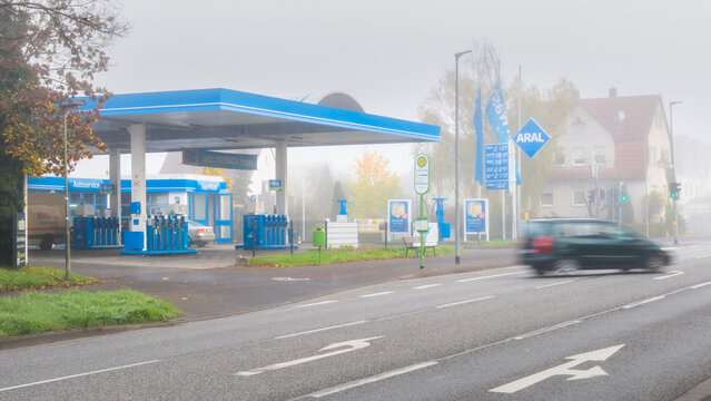 ARAL Gas Station on a Foggy Day in Fall