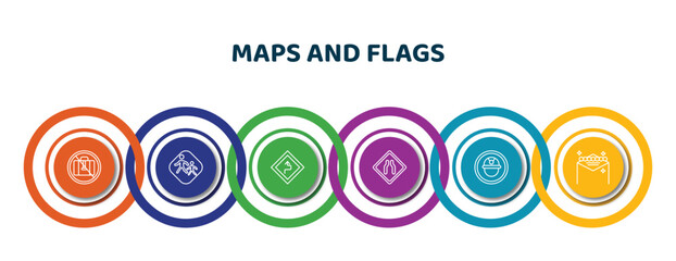 editable thin line icons with infographic template. infographic for maps and flags concept. included no luggage, school zone, curves ahead, narrow two lanes, mine site, las vegas icons. © IconArt