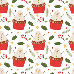 Cute snowman cupcake seamless pattern, hand drawn on a white background.