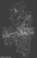 Detailed negative navigation white lines urban street roads map of the German regional capital city of ISERLOHN, GERMANY on dark gray background