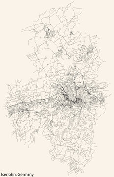 Detailed navigation black lines urban street roads map of the German regional capital city of ISERLOHN, GERMANY on vintage beige background