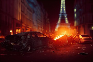 An urban car crash in Paris at night, resulting in damaged and smashed cars. A rollover of smoky generic cars after a street accident collision. The idea of first aid and drive insurance is presented