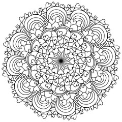 Outline mandala with hearts for Valentine's day, coloring page for holiday activity