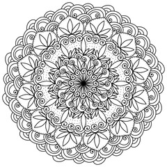 Abstract mandala with lotus flowers and ornate patterns, kids and adults coloring page