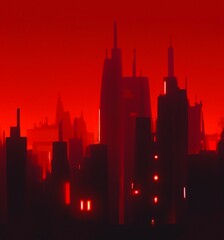 Artistic illustration of a cyberpunk futuristic city. Evening scene of a world of the future. Modern skyscrapers in a fog at evening. Urban city in a red light.