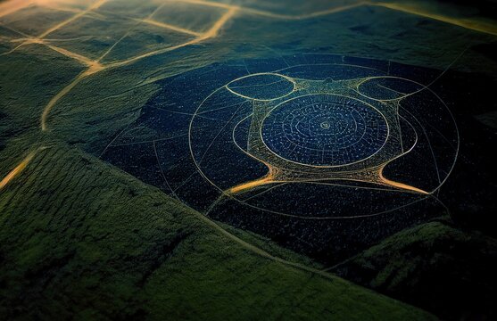 A drone view of crop circles at night used to represent an extraterrestrial encounter. UFO invasion concept in 3D illustration.