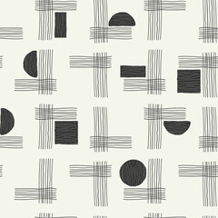 Geometric seamless pattern abstract black lines, blots of shapes in artistic style. Drawing minimalist art compositions hand painted background. monochrome sketch