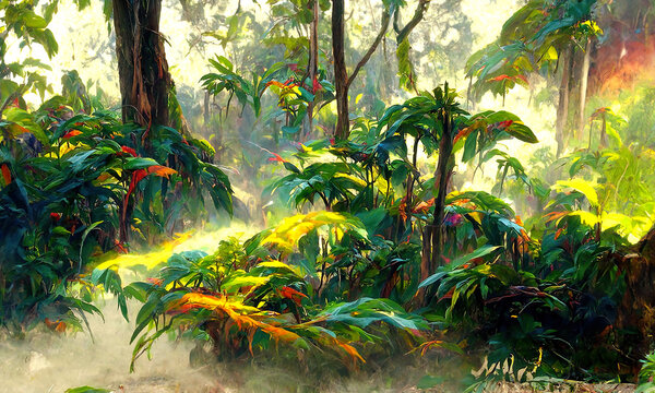 Abstract digital painting of a tropical rainforest. 