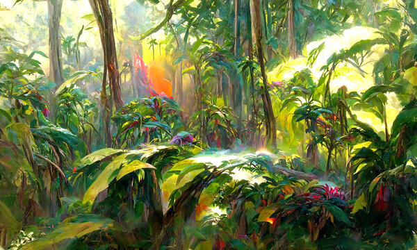 Abstract painting of a tropical jungle or rainforest. 