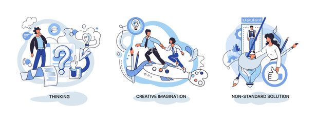 Creative thinking. People with different mental mindset types or model creative. Imaginative logical and structural thinking. MBTI person metaphor. Non standart solution. Brain think people solve idea