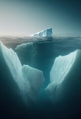 underwater vertical view in north seas of icebergs floating in arctic ocean. Climate change and global warming are threatening life on earth, causing icebergs to melt. Underwater view with copy space. - obrazy, fototapety, plakaty