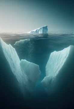underwater vertical view in north seas of icebergs floating in arctic ocean. Climate change and global warming are threatening life on earth, causing icebergs to melt. Underwater view with copy space.