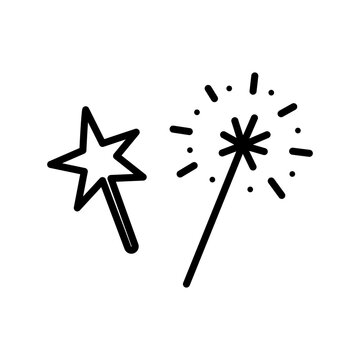Christmas sparkler and star doodle. Elements of new year and xmas. Christmas attributes line art isolated on white background. Hand drawn outline vector illustration.