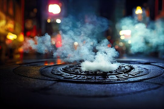 A manhole with smoke of in New York City in the United States. 3D illustration and urban background.