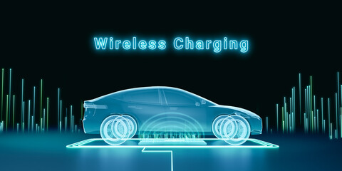 Smart autonomous electric vehicle recharging at wireless charger station pad, full self-driving city car charging battery on inductive charging pad parking, futuristic EV technology 3d rendering - obrazy, fototapety, plakaty