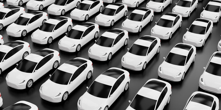 New self driving cars fleet waiting to be exported, large amounts of  electric vehicle in dealership parking lot for sale, automotive business 3d illustration